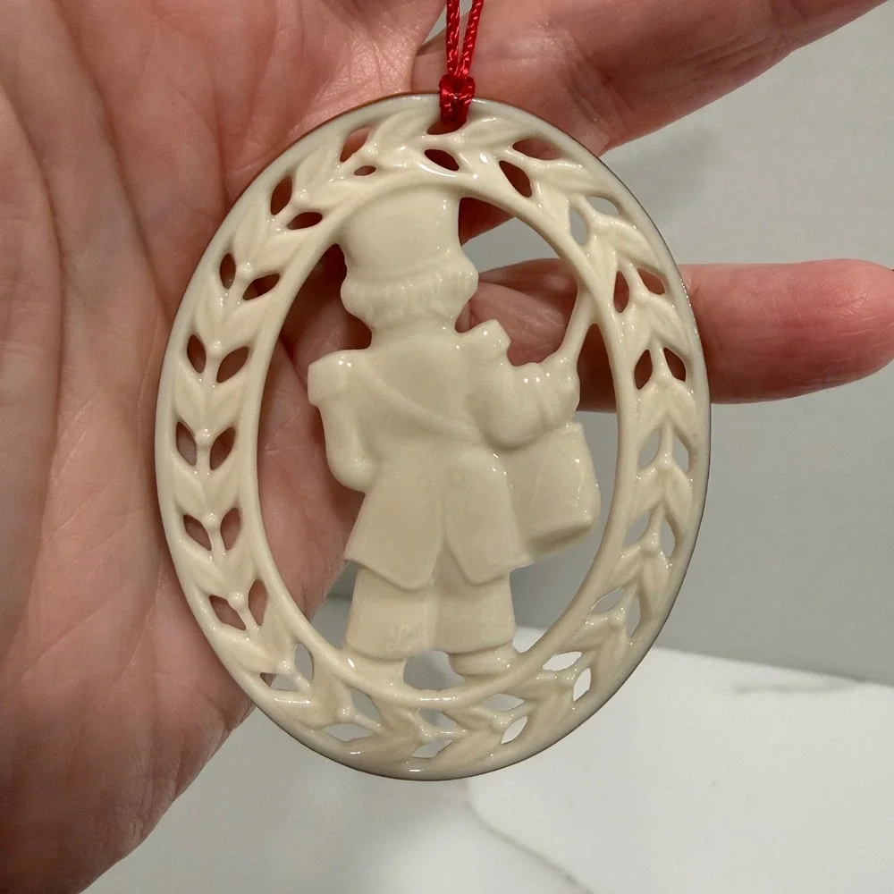 Vintage Lenox Porcelain Little Drummer Boy Christmas Ornament Oval Gold Trim 3